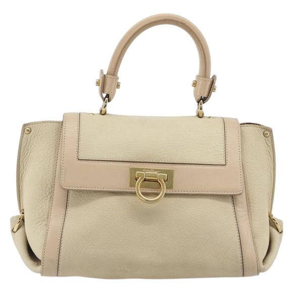 Salvatore Ferragamo Gancini Hand Bag Leather 2way Ivory Gold Auth 185142A