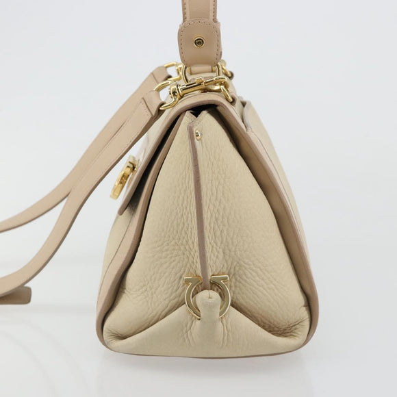 Salvatore Ferragamo Gancini Hand Bag Leather 2way Ivory Gold Auth 185142A