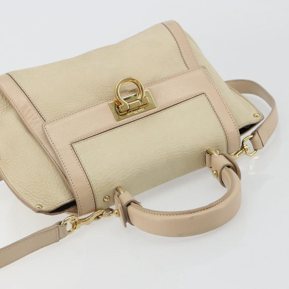 Salvatore Ferragamo Gancini Hand Bag Leather 2way Ivory Gold Auth 185142A