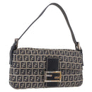 FENDI Zucchino Canvas Mamma Baguette Shoulder Bag Navy Silver Auth 185146SAV-1