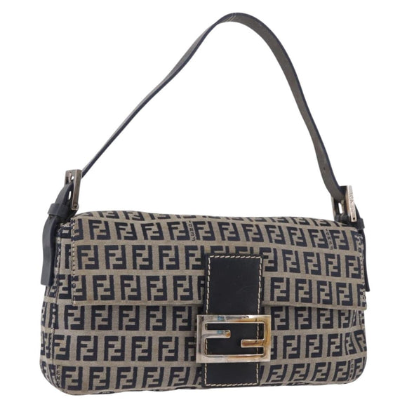 FENDI Zucchino Canvas Mamma Baguette Shoulder Bag Navy Silver Auth 185146SAV