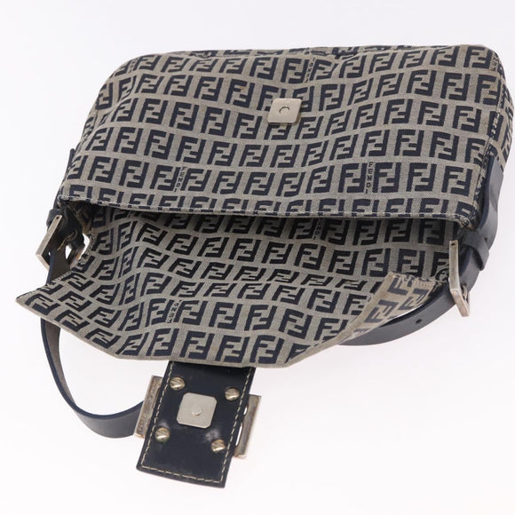 FENDI Zucchino Canvas Mamma Baguette Shoulder Bag Navy Silver Auth 185146SAV