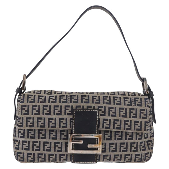 FENDI Zucchino Canvas Mamma Baguette Shoulder Bag Navy Silver Auth 185146SAV