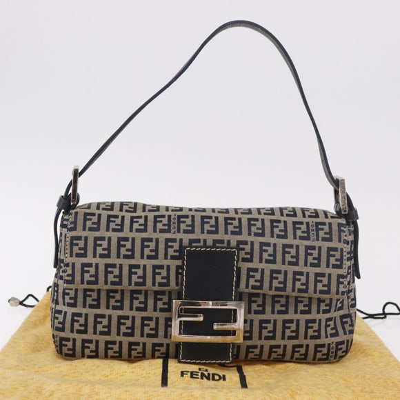 FENDI Zucchino Canvas Mamma Baguette Shoulder Bag Navy Silver Auth 185146SAV