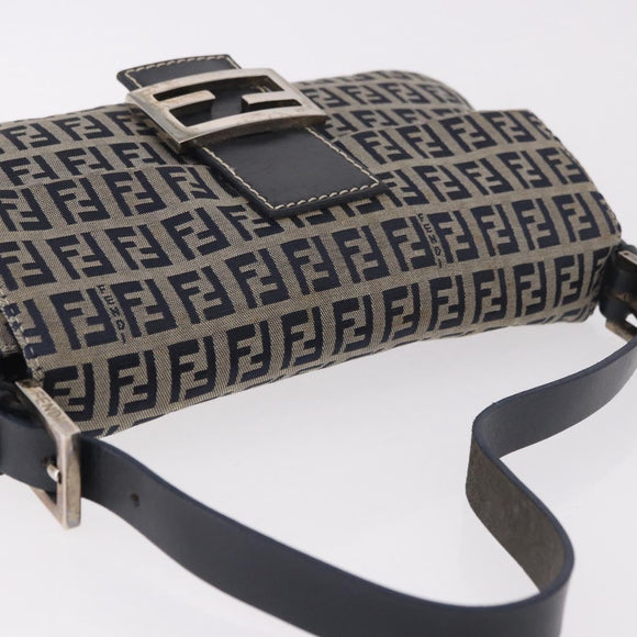 FENDI Zucchino Canvas Mamma Baguette Shoulder Bag Navy Silver Auth 185146SAV