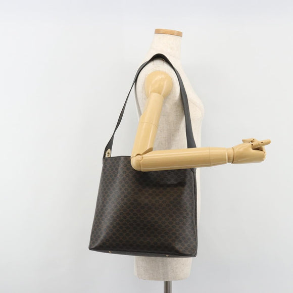 CELINE Macadam Canvas Shoulder Bag PVC Leather Black Gold Auth 185149A