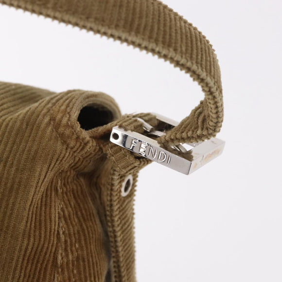 FENDI Mamma Baguette Shoulder Bag Corduroy Khaki Silver Auth 185158V