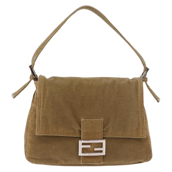 FENDI Mamma Baguette Shoulder Bag Corduroy Khaki Silver Auth 185158V