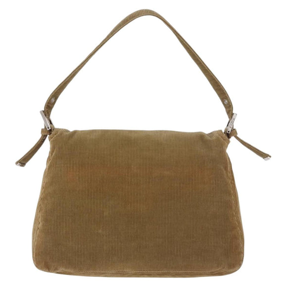 FENDI Mamma Baguette Shoulder Bag Corduroy Khaki Silver Auth 185158V