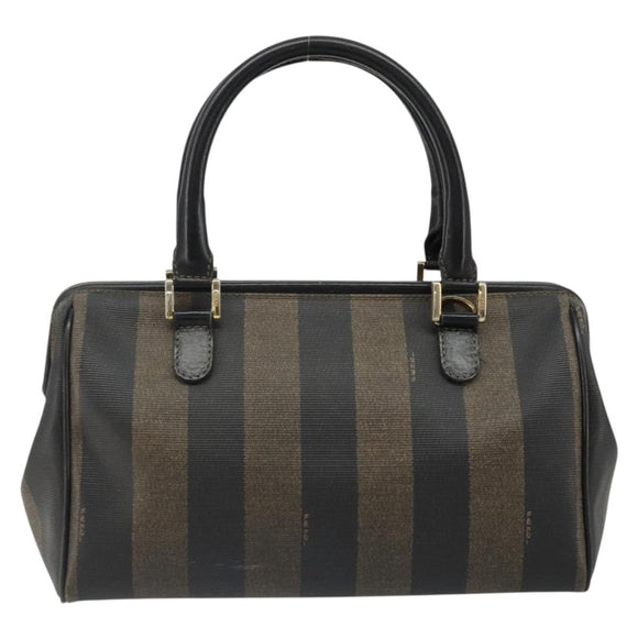 FENDI Pecan Canvas Hand Bag PVC Brown Black Auth 185166