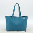 LOEWE Anagram East West Tote Bag Leather Turquoise Blue Silver Auth 185182V-12