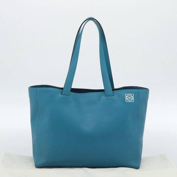LOEWE Anagram East West Tote Bag Leather Turquoise Blue Silver Auth 185182V