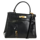 HERMES Kelly 28 Hand Bag Box Calfskin 2way Black Gold Auth 185189SM-1