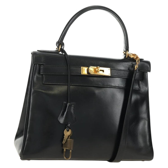 HERMES Kelly 28 Hand Bag Box Calfskin 2way Black Gold Auth 185189SM