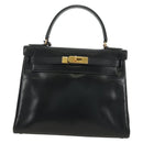 HERMES Kelly 28 Hand Bag Box Calfskin 2way Black Gold Auth 185189SM-13