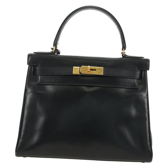 HERMES Kelly 28 Hand Bag Box Calfskin 2way Black Gold Auth 185189SM