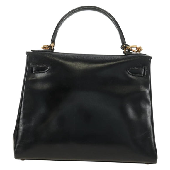 HERMES Kelly 28 Hand Bag Box Calfskin 2way Black Gold Auth 185189SM
