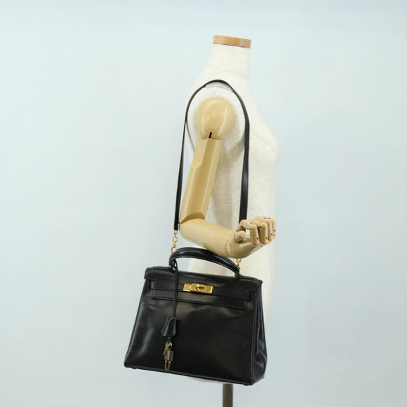 HERMES Kelly 28 Hand Bag Box Calfskin 2way Black Gold Auth 185189SM
