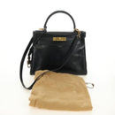 HERMES Kelly 28 Hand Bag Box Calfskin 2way Black Gold Auth 185189SM-12