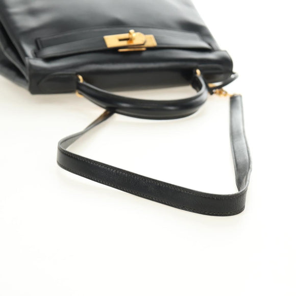 HERMES Kelly 28 Hand Bag Box Calfskin 2way Black Gold Auth 185189SM