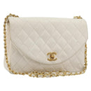CHANEL Matelasse Chain Shoulder Bag Leather White Gold CC Auth 185193A-1