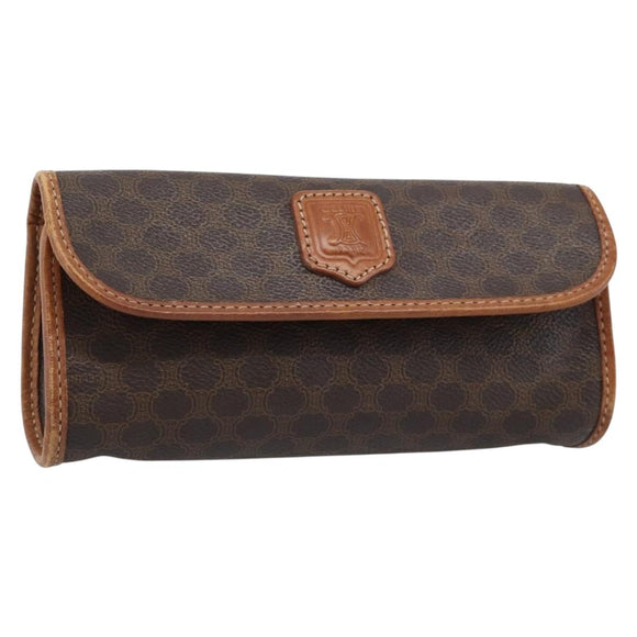 CELINE Macadam Canvas Pouch PVC Leather Brown Gold Auth 185196