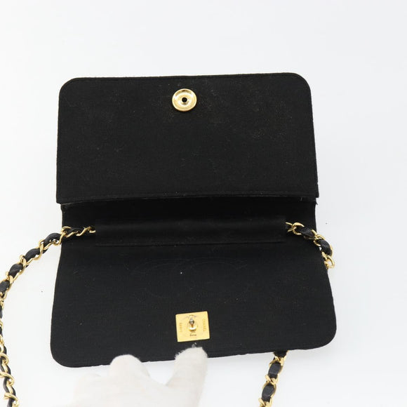 CHANEL Matelasse Chain Shoulder Bag Cotton Black Gold CC Auth 185197