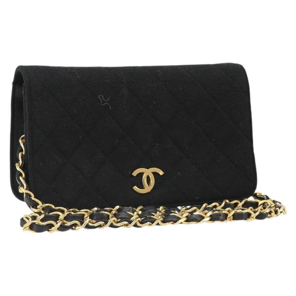 CHANEL Matelasse Chain Shoulder Bag Cotton Black Gold CC Auth 185197
