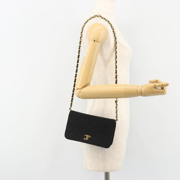 CHANEL Matelasse Chain Shoulder Bag Cotton Black Gold CC Auth 185197