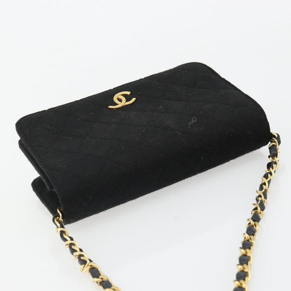 CHANEL Matelasse Chain Shoulder Bag Cotton Black Gold CC Auth 185197