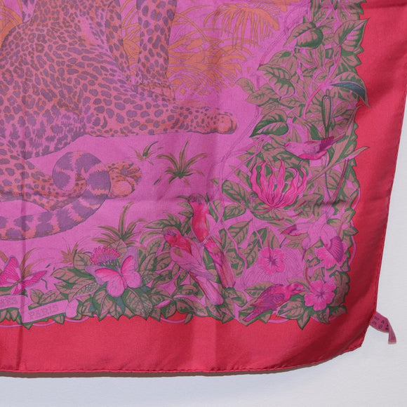 HERMES Carre 90 Scarf Silk ""JUNGLE LOVE"" Pink Auth 185241