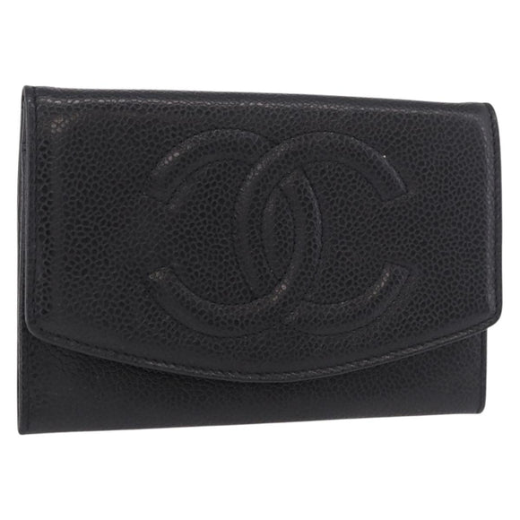 CHANEL COCO Mark Pouch Caviar Skin Black Gold CC Auth 185262V