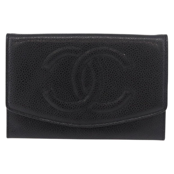 CHANEL COCO Mark Pouch Caviar Skin Black Gold CC Auth 185262V