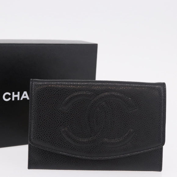 CHANEL COCO Mark Pouch Caviar Skin Black Gold CC Auth 185262V