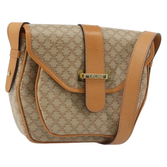 CELINE Macadam Canvas Shoulder Bag PVC Beige Gold Auth 185263