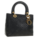 Christian Dior Canage Lady Dior Hand Bag Lamb Skin Black Gold Auth 185302M-1