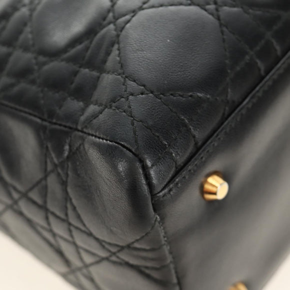 Christian Dior Canage Lady Dior Hand Bag Lamb Skin Black Gold Auth 185302M