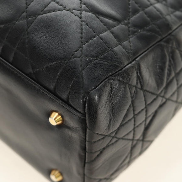 Christian Dior Canage Lady Dior Hand Bag Lamb Skin Black Gold Auth 185302M