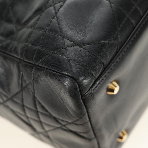 Christian Dior Canage Lady Dior Hand Bag Lamb Skin Black Gold Auth 185302M