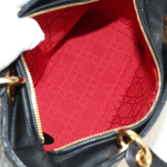 Christian Dior Canage Lady Dior Hand Bag Lamb Skin Black Gold Auth 185302M