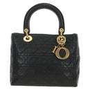 Christian Dior Canage Lady Dior Hand Bag Lamb Skin Black Gold Auth 185302M-13