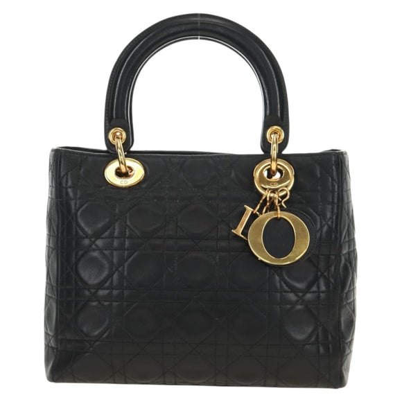 Christian Dior Canage Lady Dior Hand Bag Lamb Skin Black Gold Auth 185302M