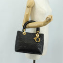 Christian Dior Canage Lady Dior Hand Bag Lamb Skin Black Gold Auth 185302M-24