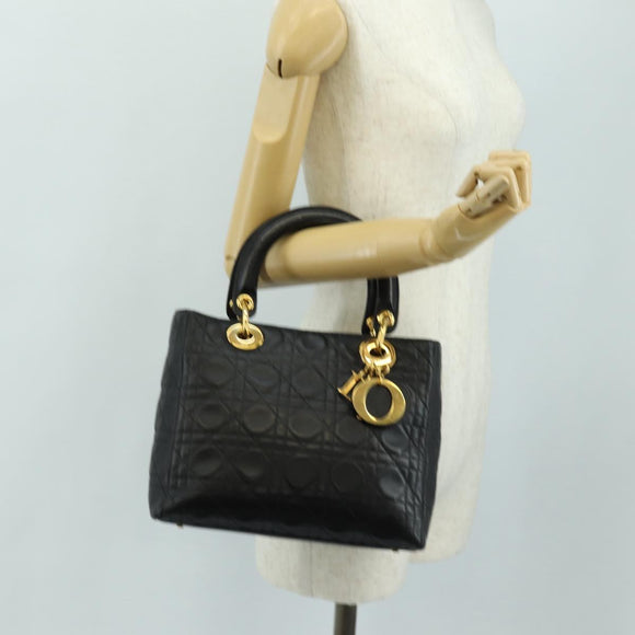 Christian Dior Canage Lady Dior Hand Bag Lamb Skin Black Gold Auth 185302M