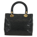 Christian Dior Canage Lady Dior Hand Bag Lamb Skin Black Gold Auth 185302M-2