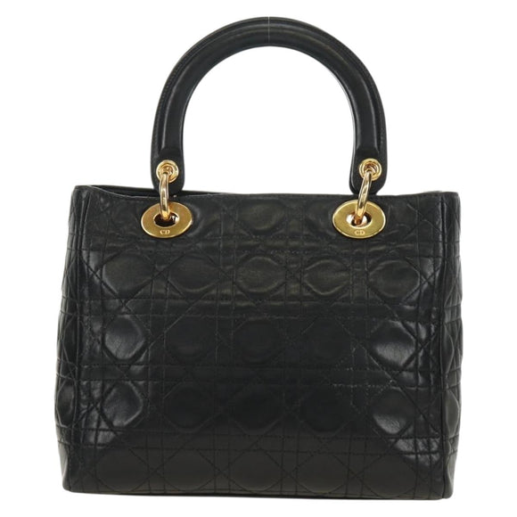 Christian Dior Canage Lady Dior Hand Bag Lamb Skin Black Gold Auth 185302M