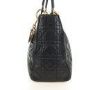 Christian Dior Canage Lady Dior Hand Bag Lamb Skin Black Gold Auth 185302M-3