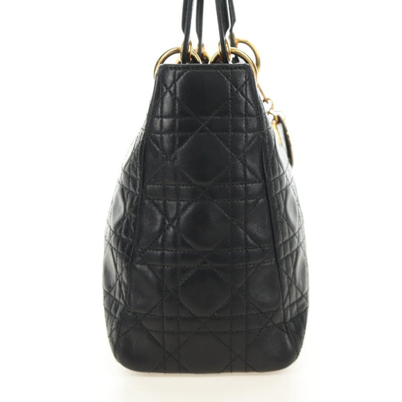 Christian Dior Canage Lady Dior Hand Bag Lamb Skin Black Gold Auth 185302M