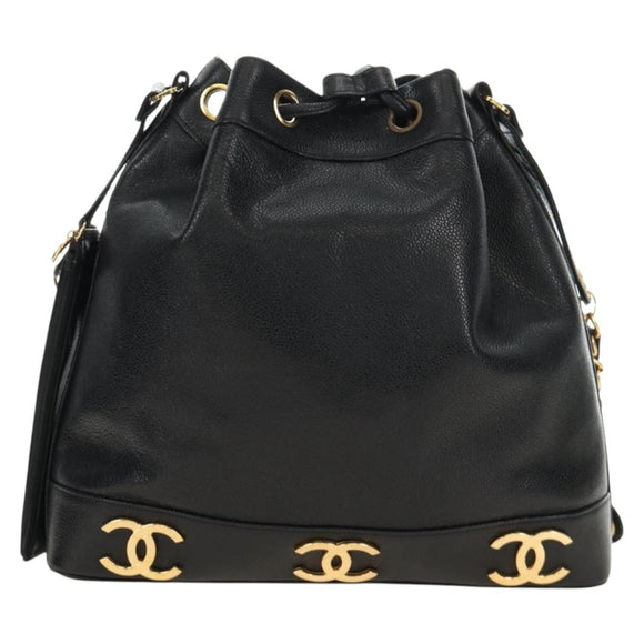 CHANEL Triple Coco Shoulder Bag Caviar Skin Black Gold CC Auth 185305SV