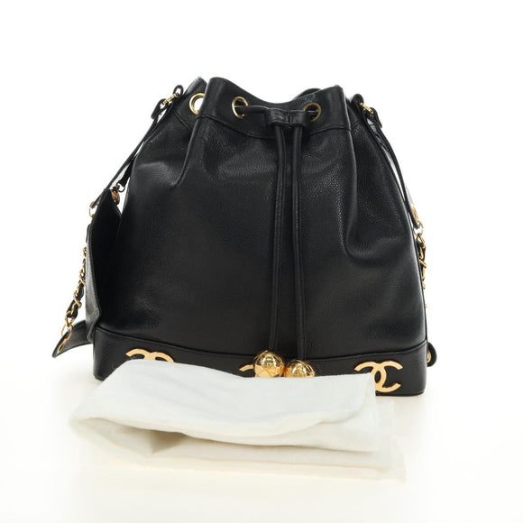 CHANEL Triple Coco Shoulder Bag Caviar Skin Black Gold CC Auth 185305SV